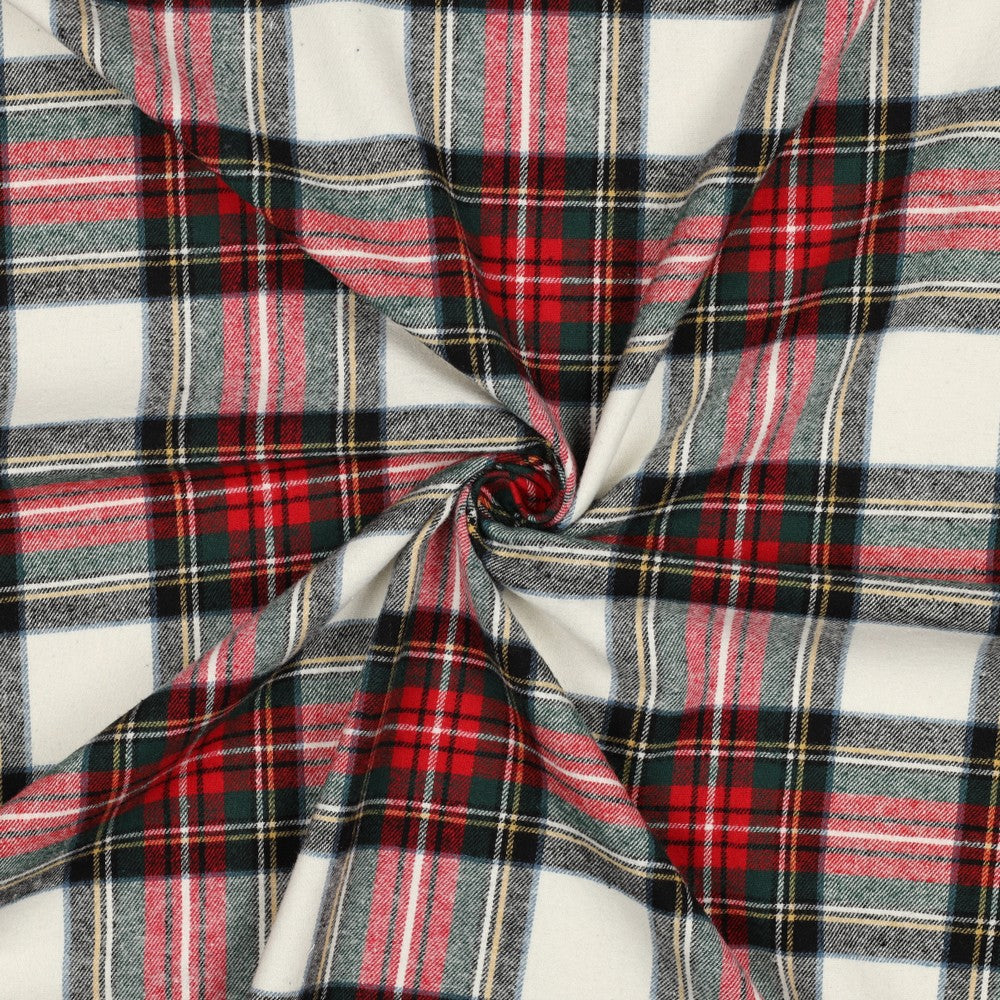 Garngefärbter karierter Baumwollflanell in Rot und Ecru, angeraut, 145 cm breit, 150 g/m².