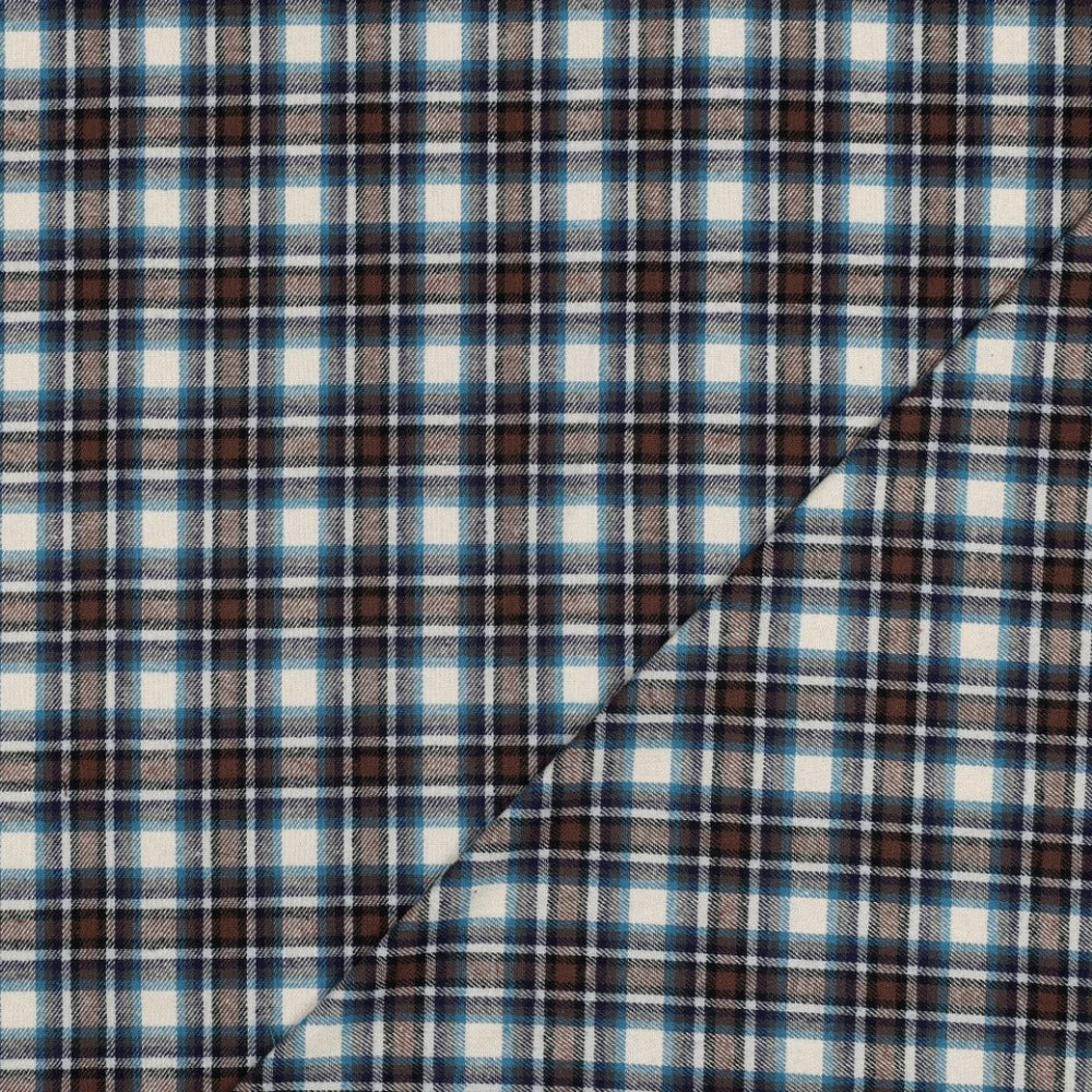 Garngefärbter karierter Baumwollflanell in Natur Blau Braun
