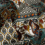 Viskose Satin Stoff Ornamente Türkis Ocker