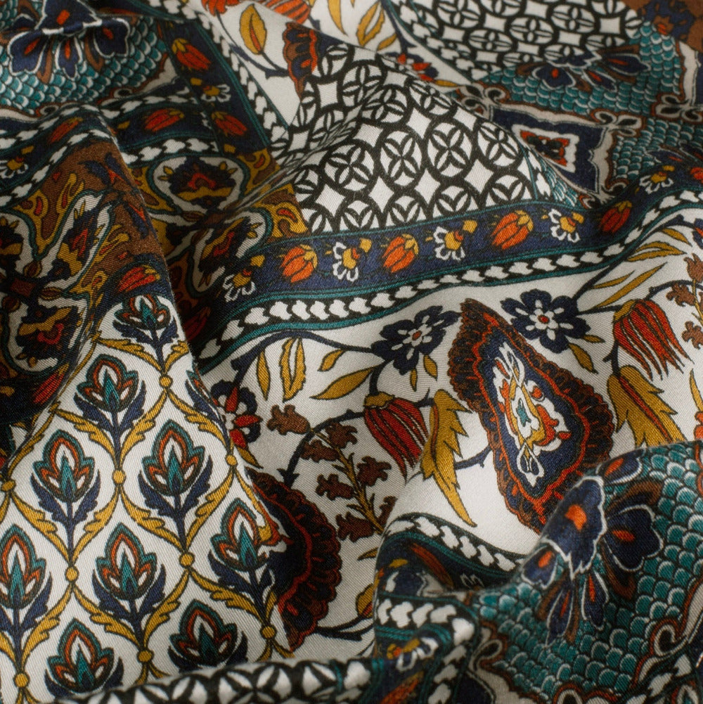 Viskose Satin Stoff Ornamente Türkis Ocker