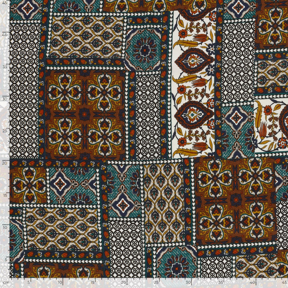 Viskose Satin Stoff Ornamente Türkis Ocker