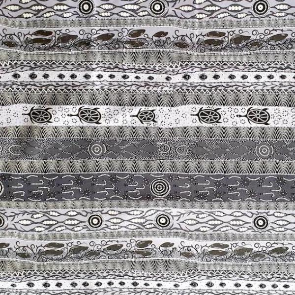 Australischer Aborigine-Stoff "Ash Dreaming in One" aus Baumwolle, Meterware von ETHNOstoffe & mehr, mit traditionellen Mustern.