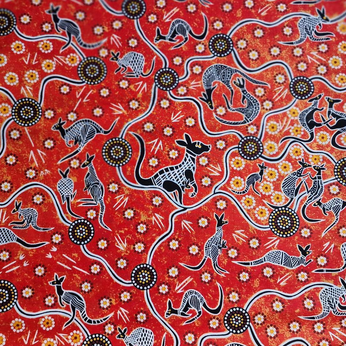 Aborigines Stoff aus Australien "Kangaroo Dreaming Red" - Baumwolle Meterware