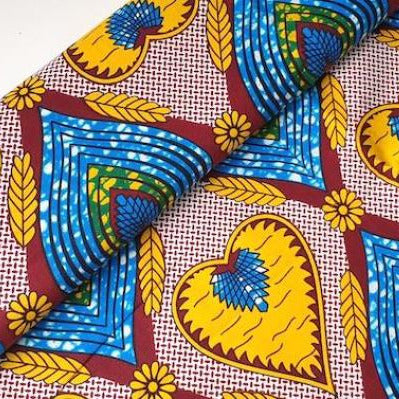 YELLOW BLUE HEART Waxprint Stoff