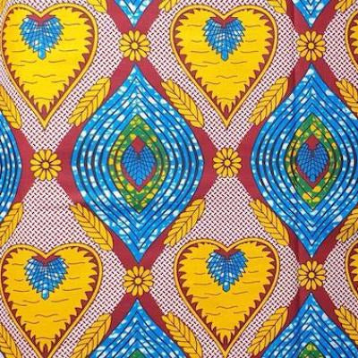YELLOW BLUE HEART Waxprint Stoff