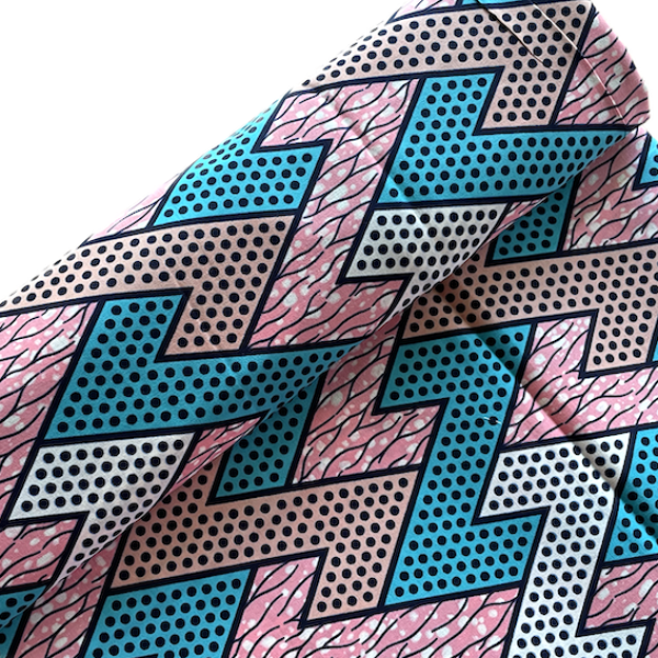 Afrikanischer Wax Print Stoff Baumwolle BLUE PINK ZIGZAG | Meterware