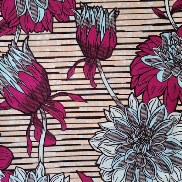 Wax Print Stoff Baumwolle pink hellblau floral Blumenmuster – Meterware afrikanisch Beautiful Dahlias