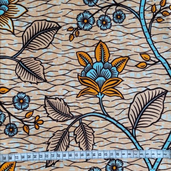 Wax Print Stoff Baumwolle gelb hellblau floral Blumenmuster – Meterware afrikanisch Beautiful Flowers