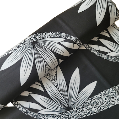 BLACK WHITE TROPICAL FLOWER Waxprint Stoff