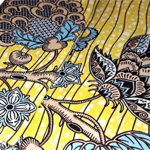 Afrikanischer Wax Print Stoff Baumwolle BLUE YELLOW ORIENTAL FLOWERS | Meterware