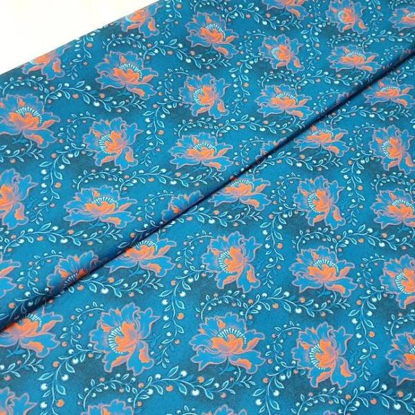 BLUE ORANGE FLOWER Afrikanischer-Shweshwe-Stoff-