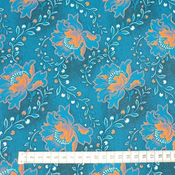 BLUE ORANGE FLOWER Afrikanischer-Shweshwe-Stoff-