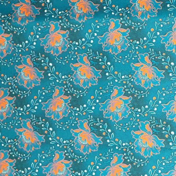 BLUE ORANGE FLOWER Afrikanischer-Shweshwe-Stoff-