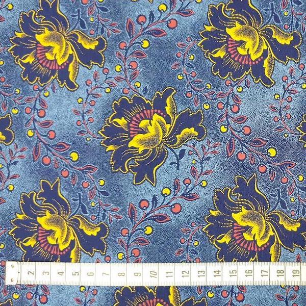 BLUE YELLOW FLOWER Afrikanischer-Shweshwe-Stoff-