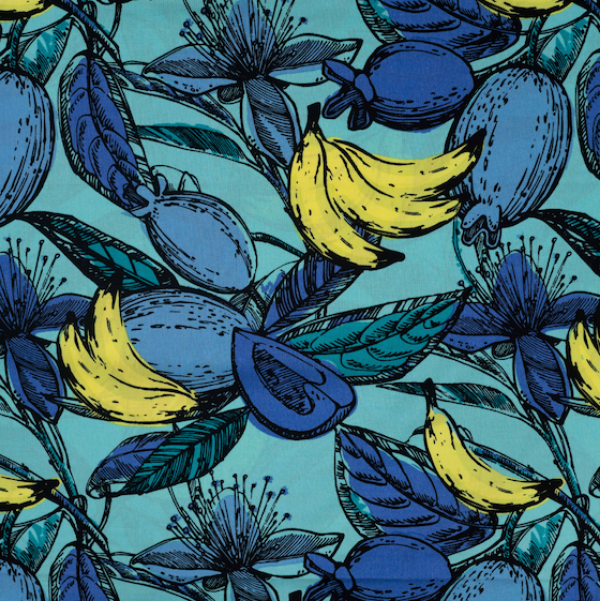 Baumwoll-Viskose Voile Früchte & Blüten Blau - Meterware
