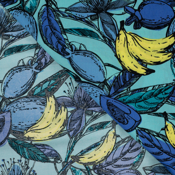 Baumwoll-Viskose Voile Früchte & Blüten Blau - Meterware