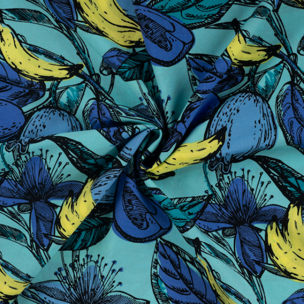 Baumwoll-Viskose Voile Früchte & Blüten Blau - Meterware