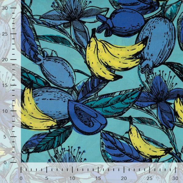 Baumwoll-Viskose Voile Früchte & Blüten Blau - Meterware