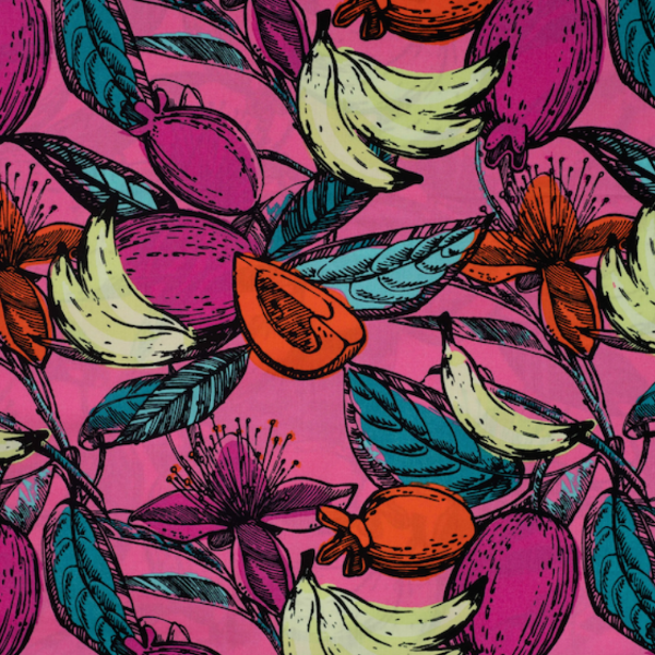 Baumwoll-Viskose Voile Früchte & Blüten Pink - Meterware