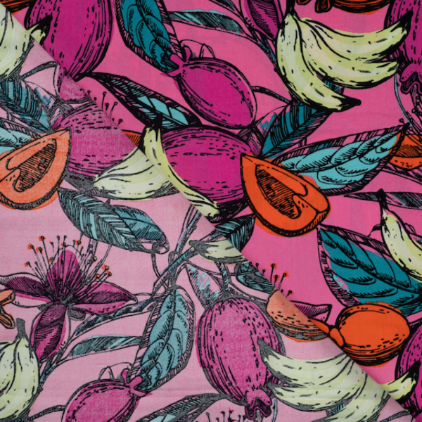 Baumwoll-Viskose Voile Früchte & Blüten Pink - Meterware