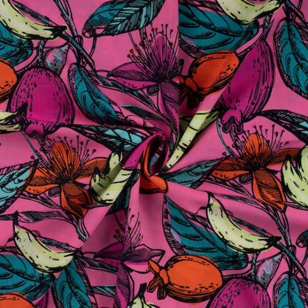 Baumwoll-Viskose Voile Früchte & Blüten Pink - Meterware