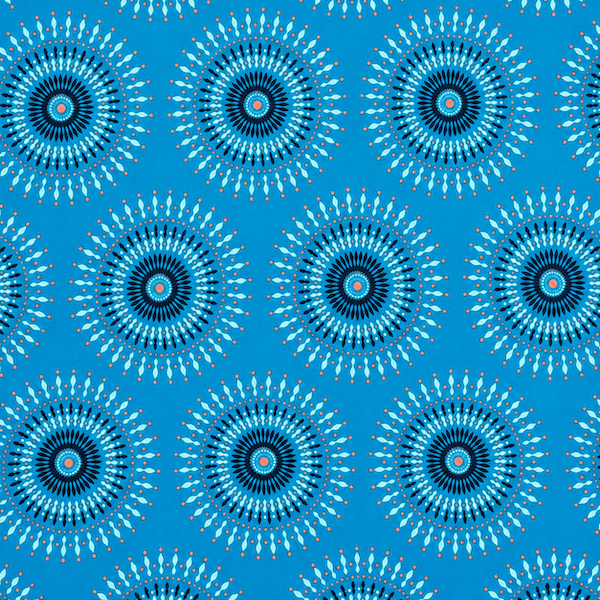 Original Shweshwe Stoff Blue Orange Sun in Blau und Weiss mit Kreismuster