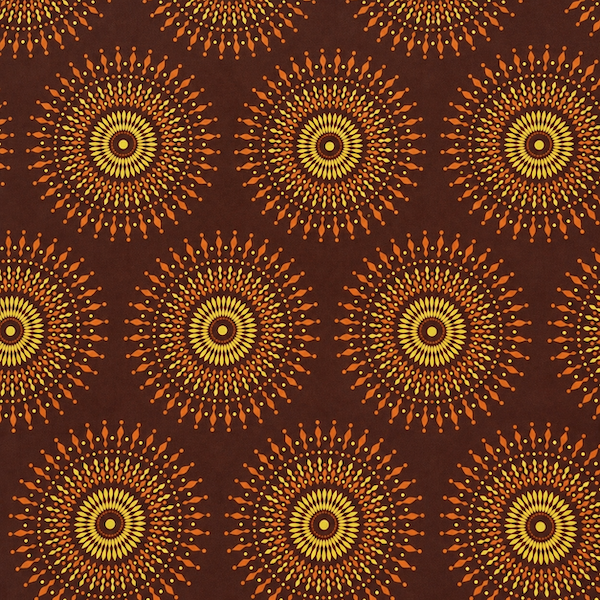 Original Shweshwe Stoff Brown Sun mit gelb-orangen Sonnenmotiven auf braunem Hintergrund