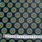 Dunkler Shweshwe Baumwollstoff mit Kreismotiven in Türkis, Limettengrün und Orange