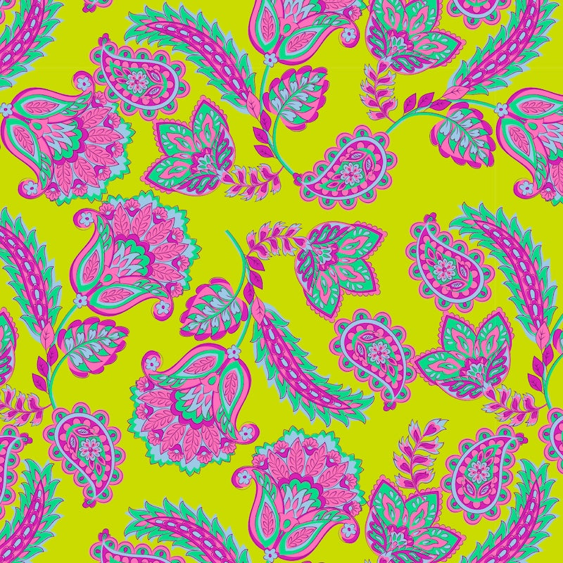 French Terry Baumwolle Elasthan lime Paisley Blumen – Digital Print Meterware