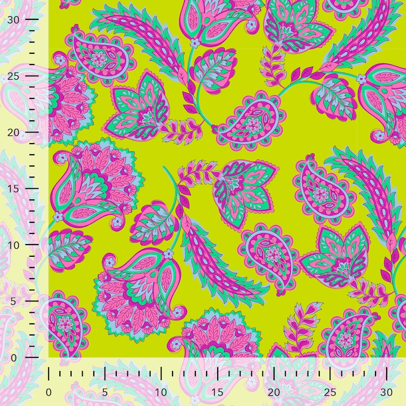 French Terry Baumwolle Elasthan lime Paisley Blumen – Digital Print Meterware
