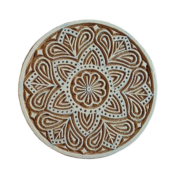 Grosser runder indischer Holzstempel Mandala Blütenornament mit floralen Verzierungen