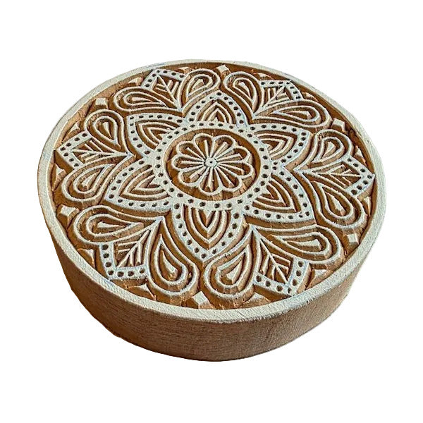 Grosser runder indischer Holzstempel Mandala Blütenornament mit floralen Verzierungen