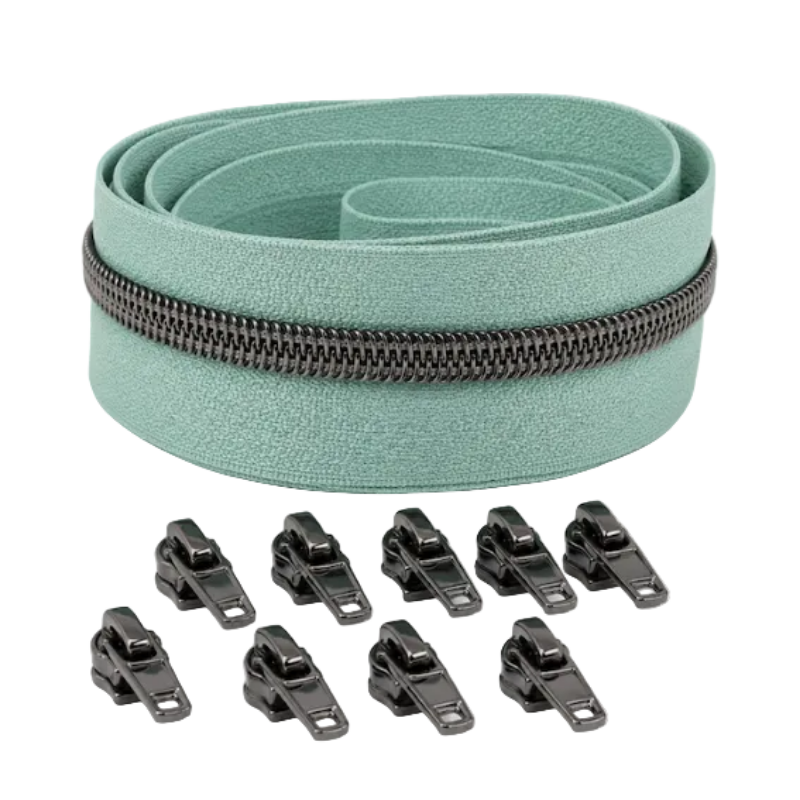 Reißverschluss & Zipper im Set – 3 Meter inkl. 9 Zipper (Gunmetal/Mint)