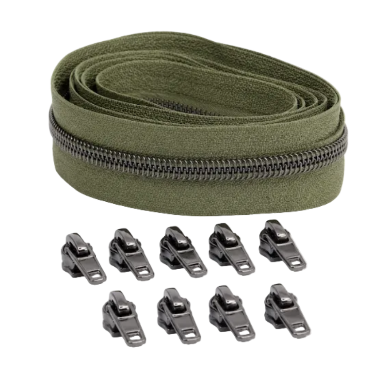 Reißverschluss & Zipper im Set – 3 Meter inkl. 9 Zipper (Gunmetal/Army)