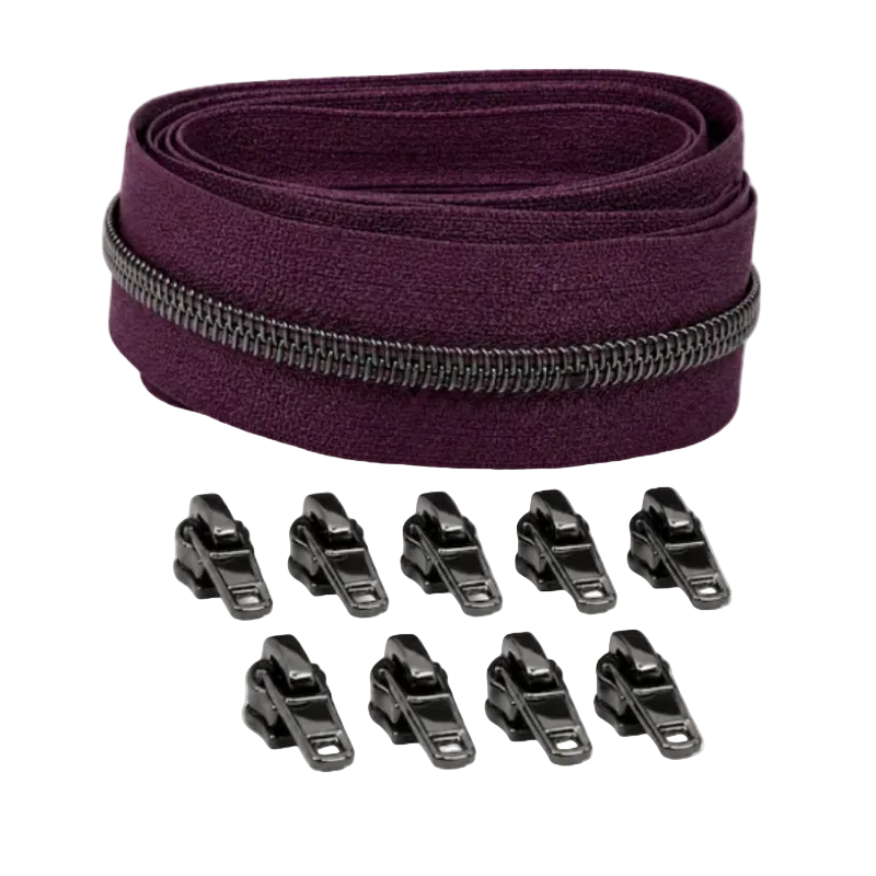 Reißverschluss & Zipper im Set – 3 Meter inkl. 9 Zipper (Gunmetal/Beere)