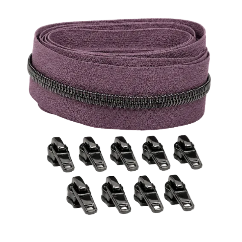 Reißverschluss & Zipper im Set – 3 Meter inkl. 9 Zipper (Gunmetal/Blasslila)