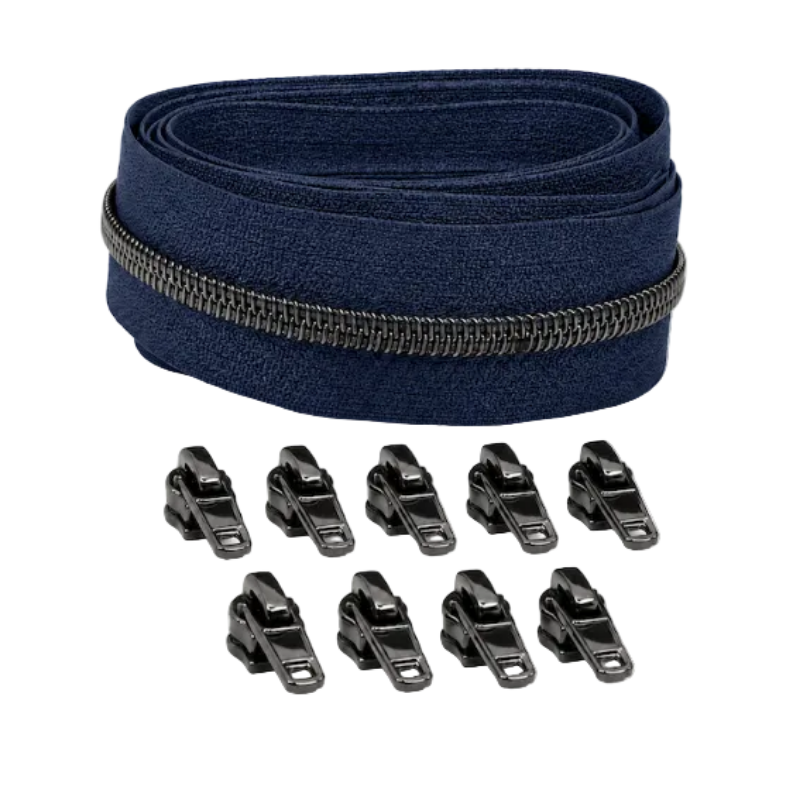 Reißverschluss & Zipper im Set – 3 Meter inkl. 9 Zipper (Gunmetal/Marine)