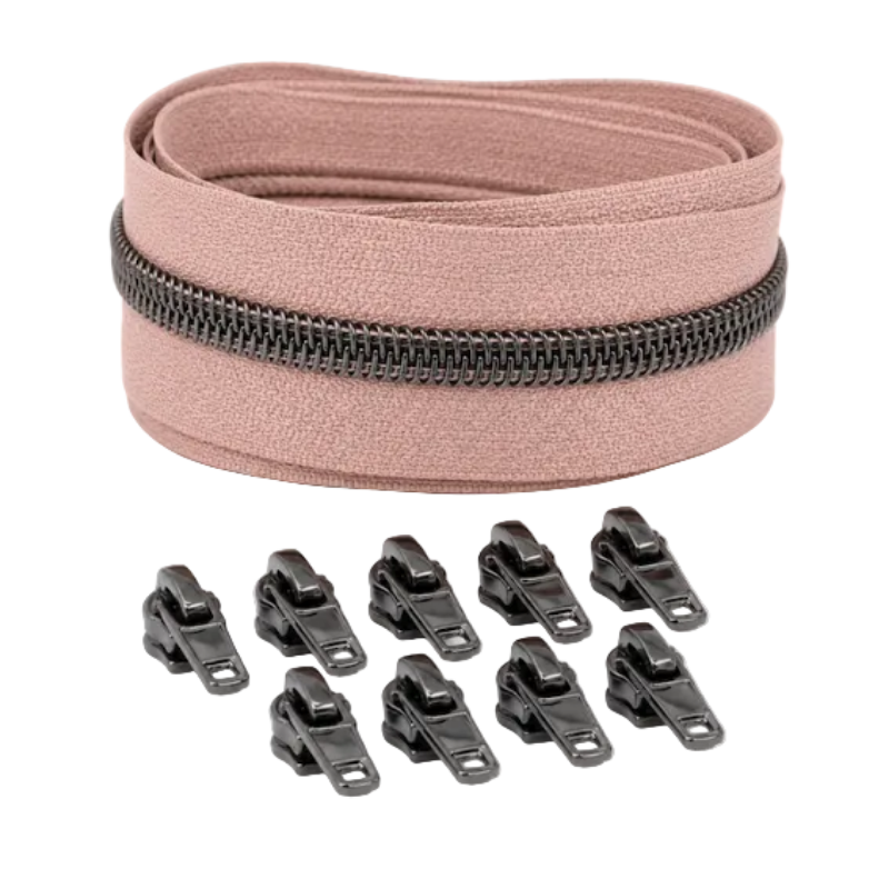 Reißverschluss & Zipper im Set – 3 Meter inkl. 9 Zipper (Gunmetal/Nude)