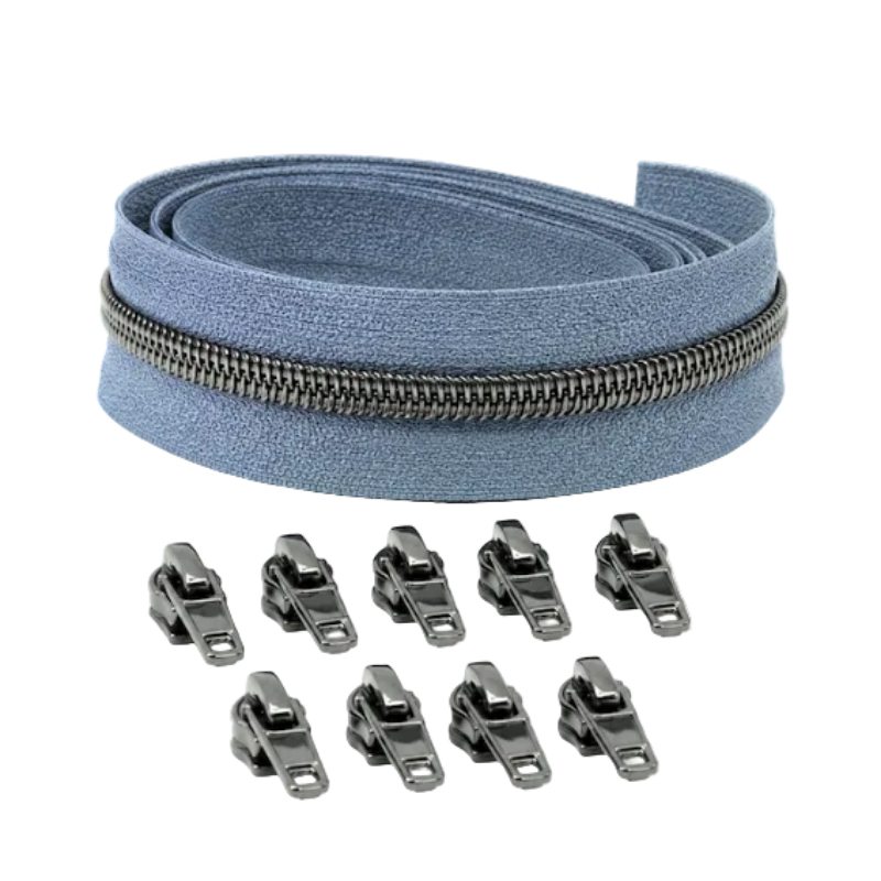 Reißverschluss & Zipper im Set – 3 Meter inkl. 9 Zipper (Gunmetal/Pastellblau)