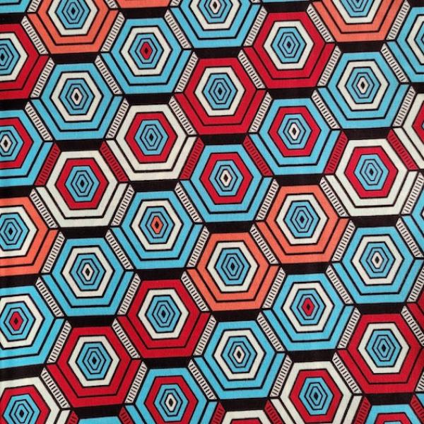 Wax Print Stoff Baumwolle blau rot Wabenmuster – Meterware afrikanisch Honeycomb