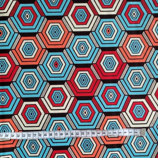 Wax Print Stoff Baumwolle blau rot Wabenmuster – Meterware afrikanisch Honeycomb