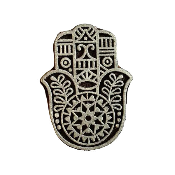 Indischer Holzstempel Hamsa 7 cm mit geschnitztem Handmotiv