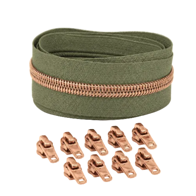 Reißverschluss & Zipper im Set – 3 Meter inkl. 9 Zipper (Kupfer/Army)