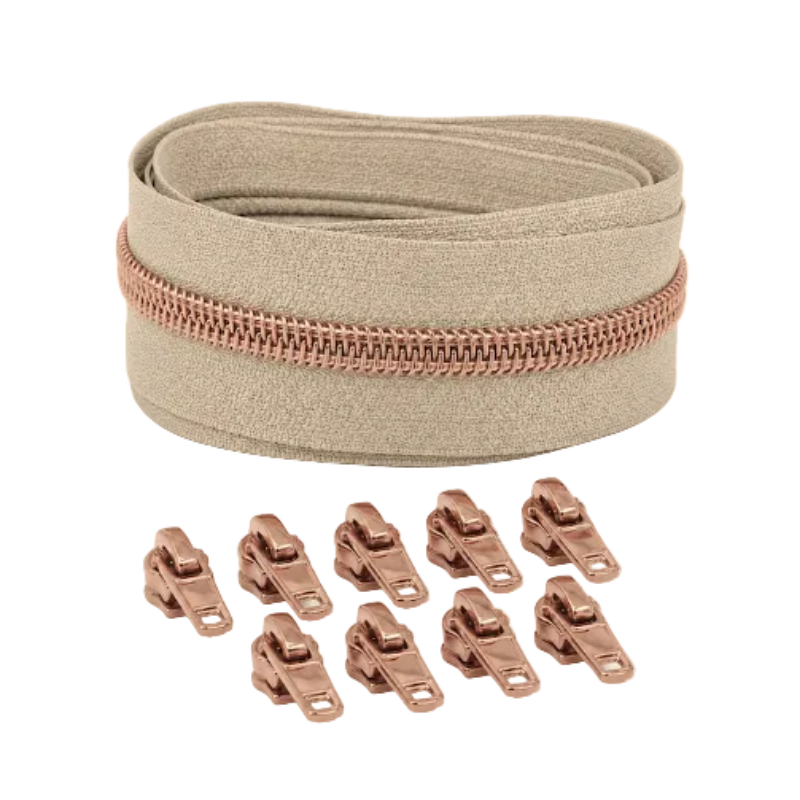 Reißverschluss & Zipper im Set – 3 Meter inkl. 9 Zipper (Kupfer/Beige)