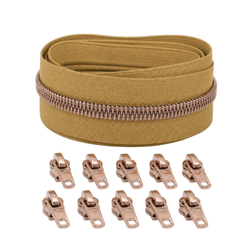 Reißverschluss & Zipper im Set – 3 Meter inkl. 9 Zipper (Kupfer/Curry)