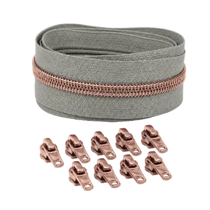 Reißverschluss & Zipper im Set – 3 Meter inkl. 9 Zipper (Kupfer/Mausgrau)