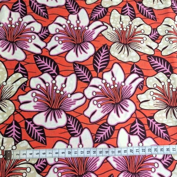 Wax Print Stoff Baumwolle orange pink floral Blumenmuster – Meterware afrikanisch Orange Retro Flowers