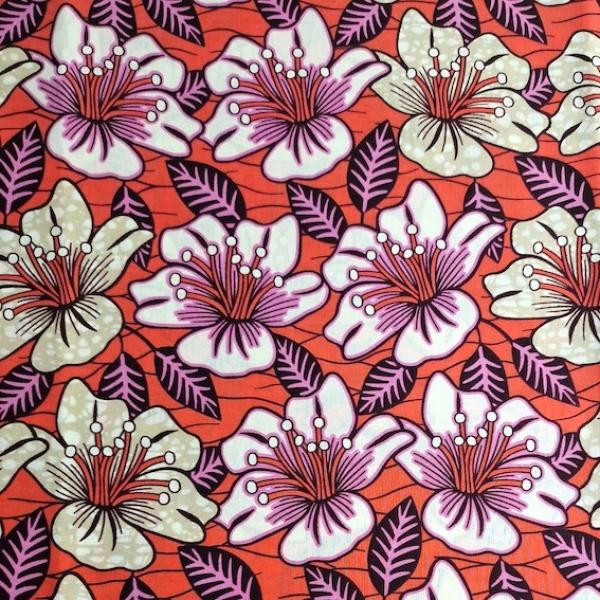 Wax Print Stoff Baumwolle orange pink floral Blumenmuster – Meterware afrikanisch Orange Retro Flowers