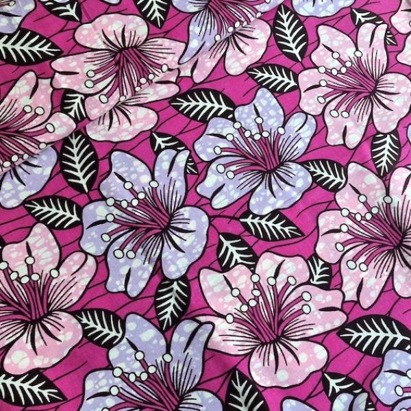 Wax Print Stoff Baumwolle lila pink floral Blumenmuster – Meterware afrikanisch Pink Retro Flowers