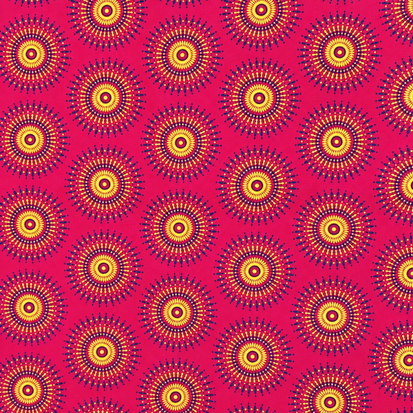 Original Shweshwe Stoff Pink Sun mit gelben Sonnenmotiven auf pinkfarbenem Hintergrund